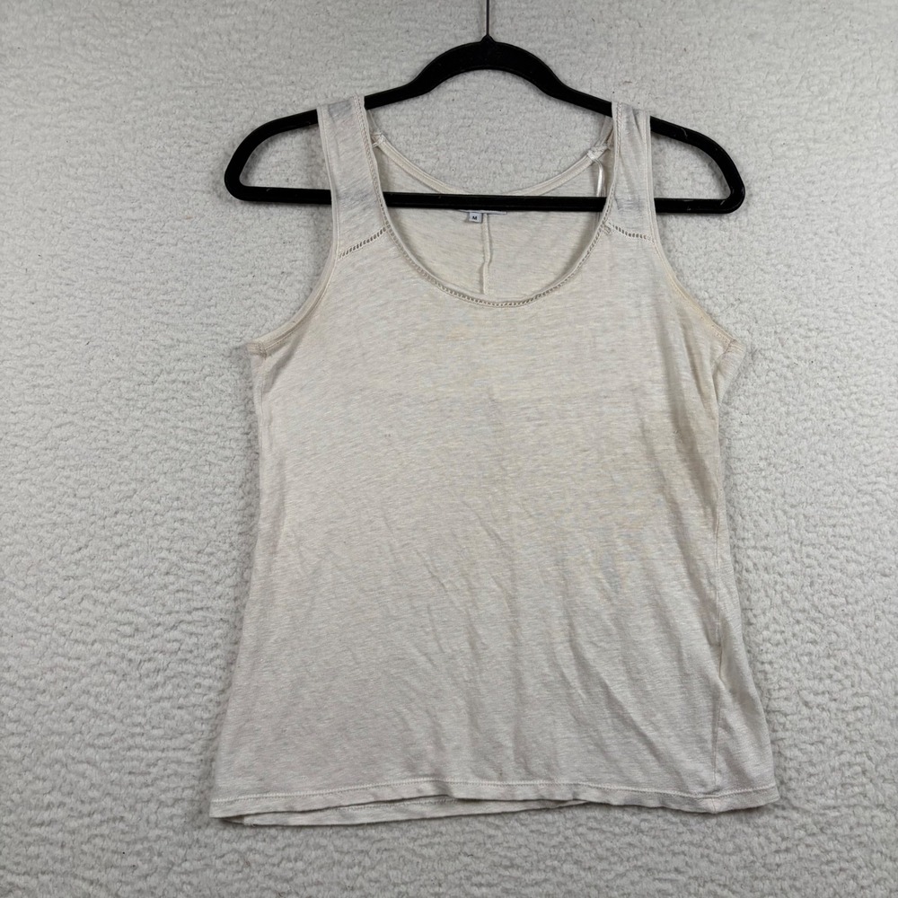 Etam Tank Top Womens 100% Linen Scoop Neck Ladder Trim M Cream Coastal Boho